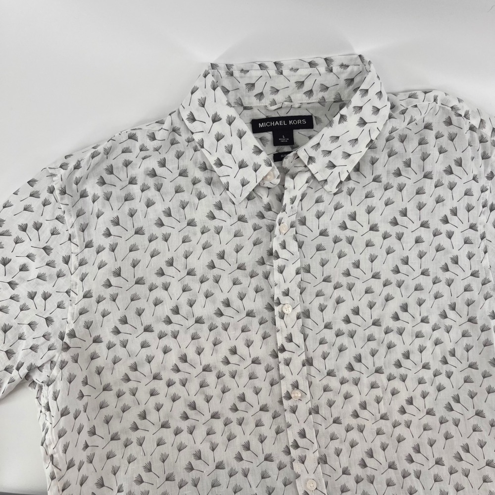 Michael Kors Mens Slim Fit Short Sleeve 100% Linen White Shirt Large Button Up